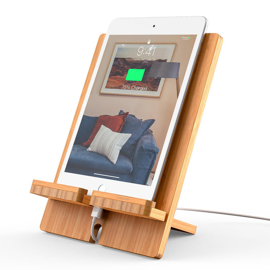 Pezin & Hulin Bamboo Tablet Stand Adjustable, Desktop Cell Phone Stand Holder Dock Compatible with Pad Air/Pro/Mini, E-Reader, Smartphone (Support to 4.7-13" Devices)-Bamboo