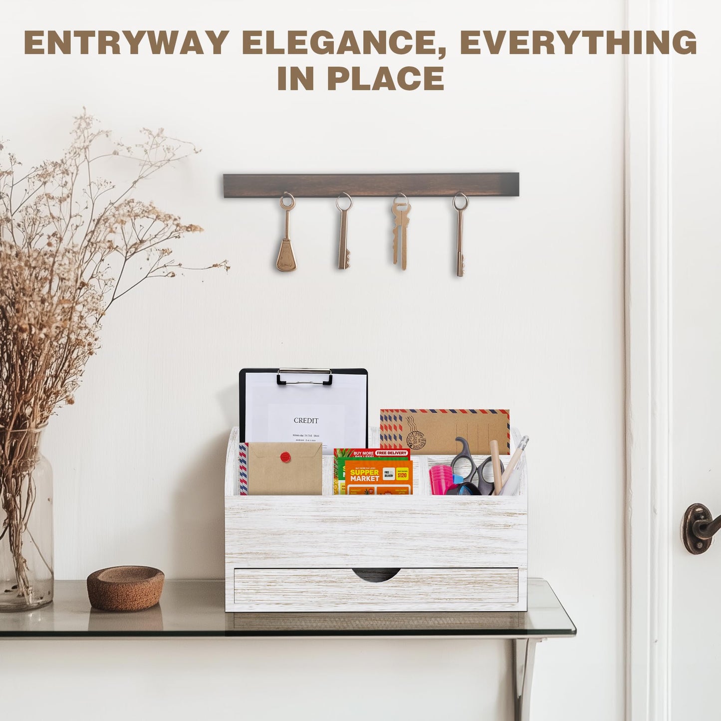 SeekElegant Wood Mail Organizer with Drawer & Pen Holder, White Mail Holder with 5 Detachable Compartments, Desk Organizer for Bill Envelope Storage, for Office Entryway Kitchen Countertop