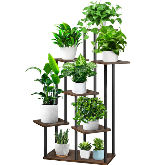 YOCOMEY 7 Tier Plant Stand Indoor, Thickened Metal Wood Corner Plant Shelf Stands for Multiple Plants, Indoor Tall Plants Stand Tiered Flower Holder for Living Room Patio Garden Balcony(Black+Oak)