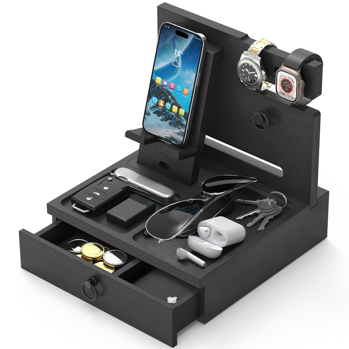 Zaldia Wood Phone Docking Station, Nightstand Organizer with Drawer, Bedside Table Organizer for Watch & Accessories, Christmas Anniversary Birthday Gifts for Men,Dad,Husband