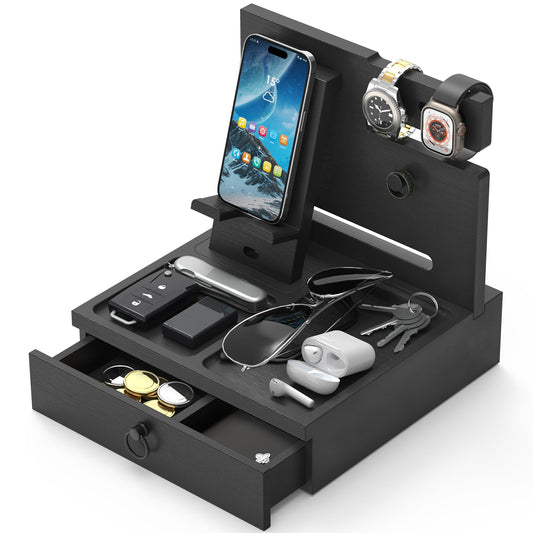 Zaldia Wood Phone Docking Station, Nightstand Organizer with Drawer, Bedside Table Organizer for Watch & Accessories, Christmas Anniversary Birthday Gifts for Men,Dad,Husband