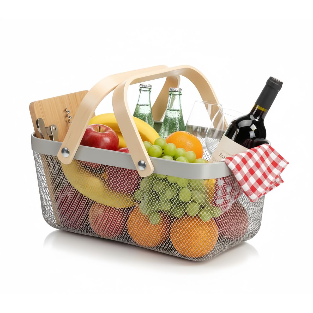 Ymeibe Wire Mesh Storage Organizer Basket Portable Garden Harvest Basket Fruit Basket Bin with Wood Handle Ideal for Kitchen Picnic Pantry Cabinets Storage Home Decor (Cold Gray)