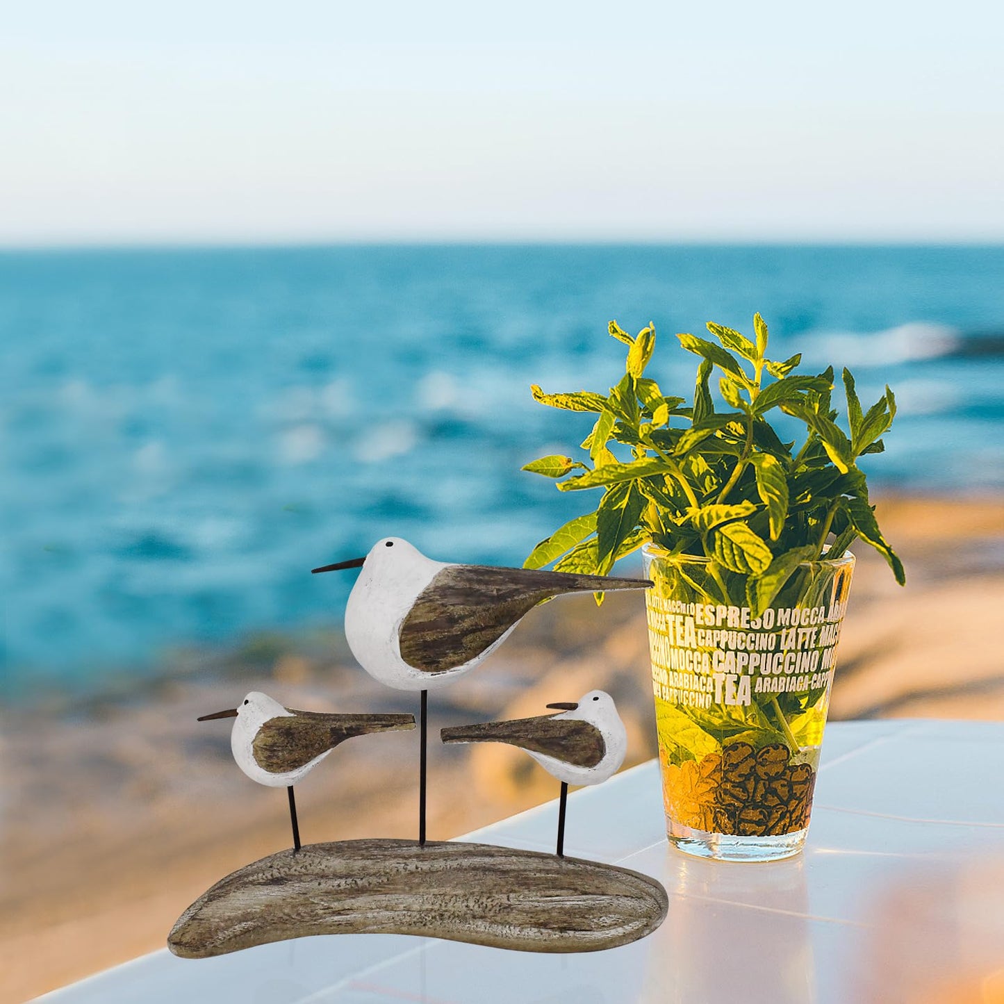 wovorins Wood Bird Statue Nautical Decor Decorative Seagull Sculpture Hand Carved Wooden Sea Birds Figurine Coastal Ocean Beach Themed Decoration for Home Yard Bathroom Living Room (B)