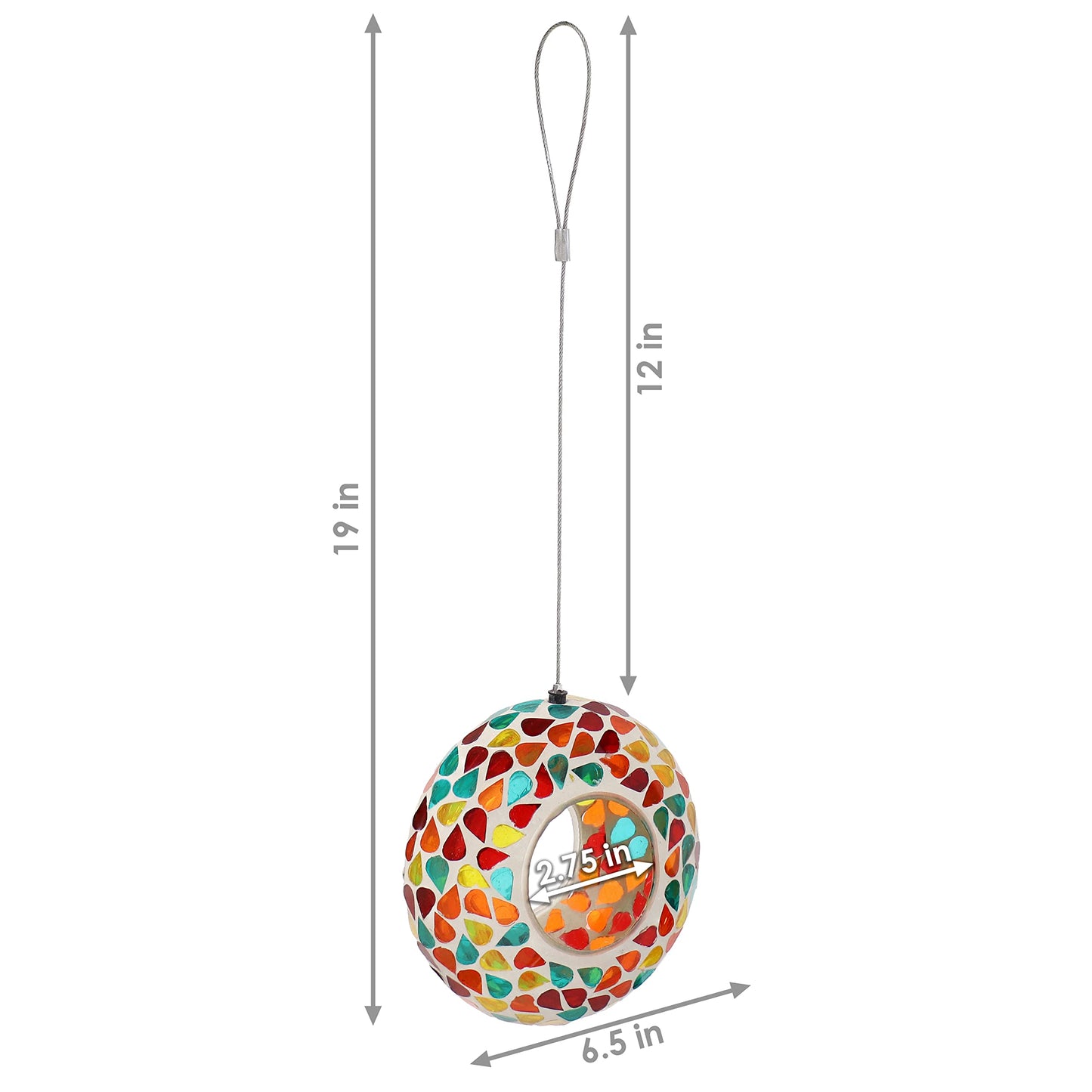Sunnydaze 6-Inch Glass Mosaic Hanging Bird Feeder for Outdoors - Fly-Through Glass Bird Feeder for Cardinals, Jays, Finches and More - Confetti Mosaic