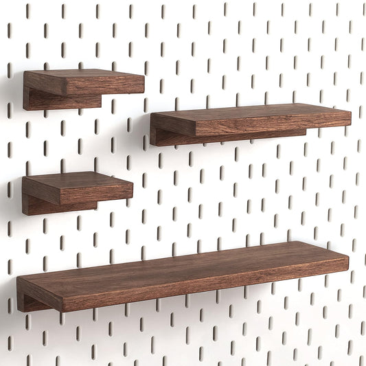 SEMPOMA Pegboard Shelf Set Compatible with IKEA Skadis Pegboard - Walnut Finish Wood Shelves, 4-Pack No Assembly Pegboard Wall Organizers