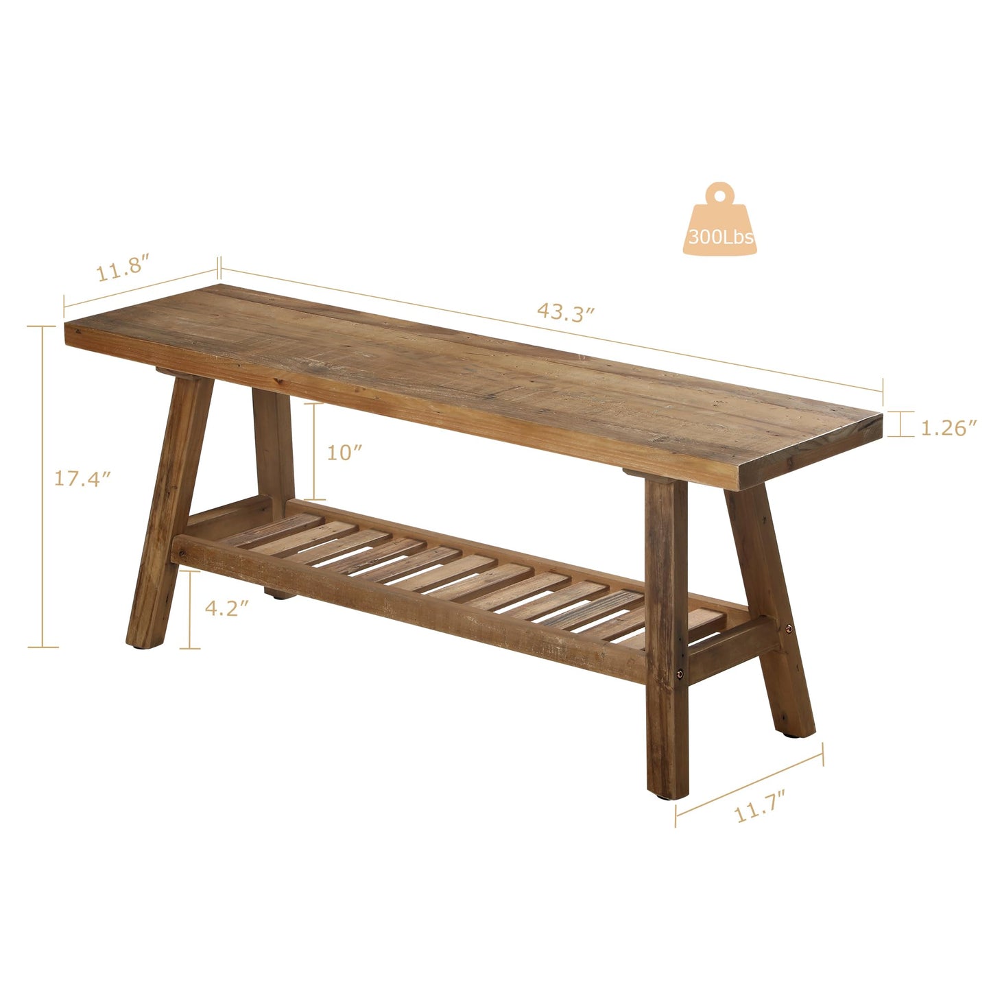 HOKYHOKY Reclaimed Solid Wood Bench-43.3" Farmhouse Entryway Bench with Storage Shelf, Narrow Rustic Bench for Hallway, Kitchen, Bedroom, Dining
