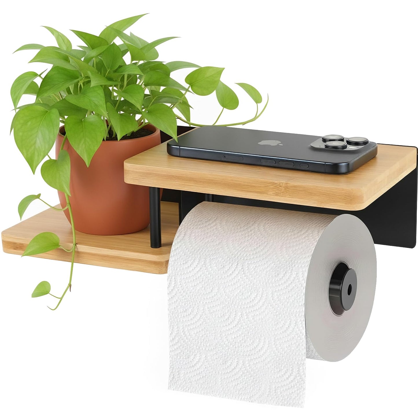 Toilet Paper Holder with Shelf, Wall Mount Toilet Paper Roll Holder with Wooden Shelf & Matte Black Stainless Steel Pipe, Bathroom Organizer for Roll Tissue, Phone, Wipes, Plant for Bathroom, Washroom