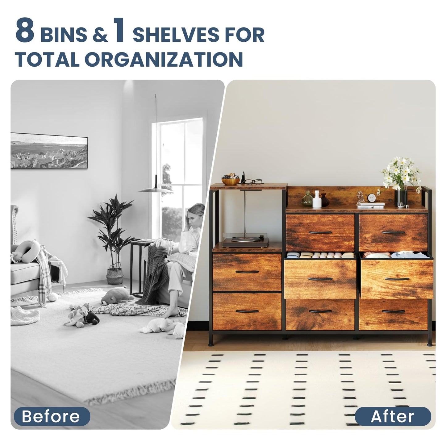 DUMOS TV Stand Dresser with 8 Fabric Drawers & Open Shelves, TV Stand with Wooden Top, Entertainment Center with Charging Station for Living Room, Hallway, Brown