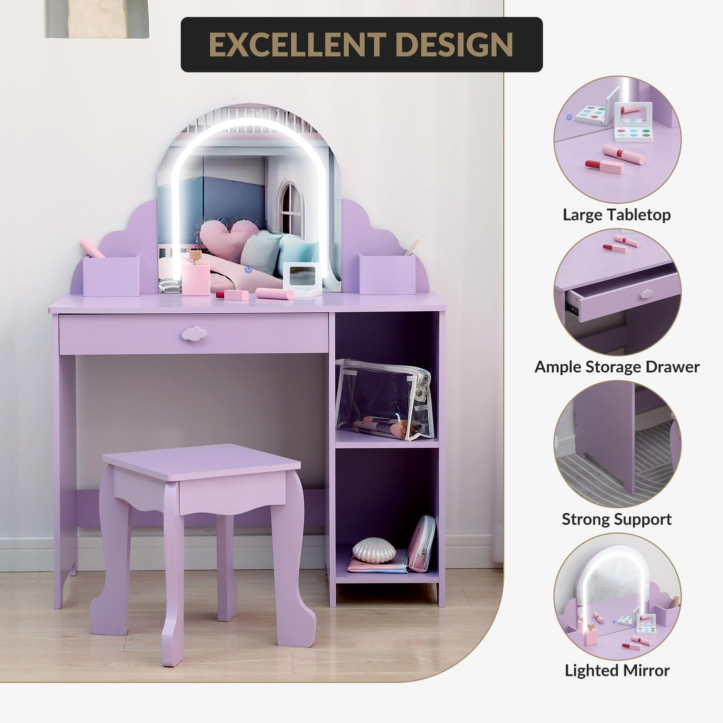 IDEALHOUSE Kids Vanity Table Set with Lighted Mirror & Stool, Makeup Desk with Drawer, Open Storage Shelves, Cubbies & Makeup Playset, Wooden Princess Dressing Table for Little Girls, Purple