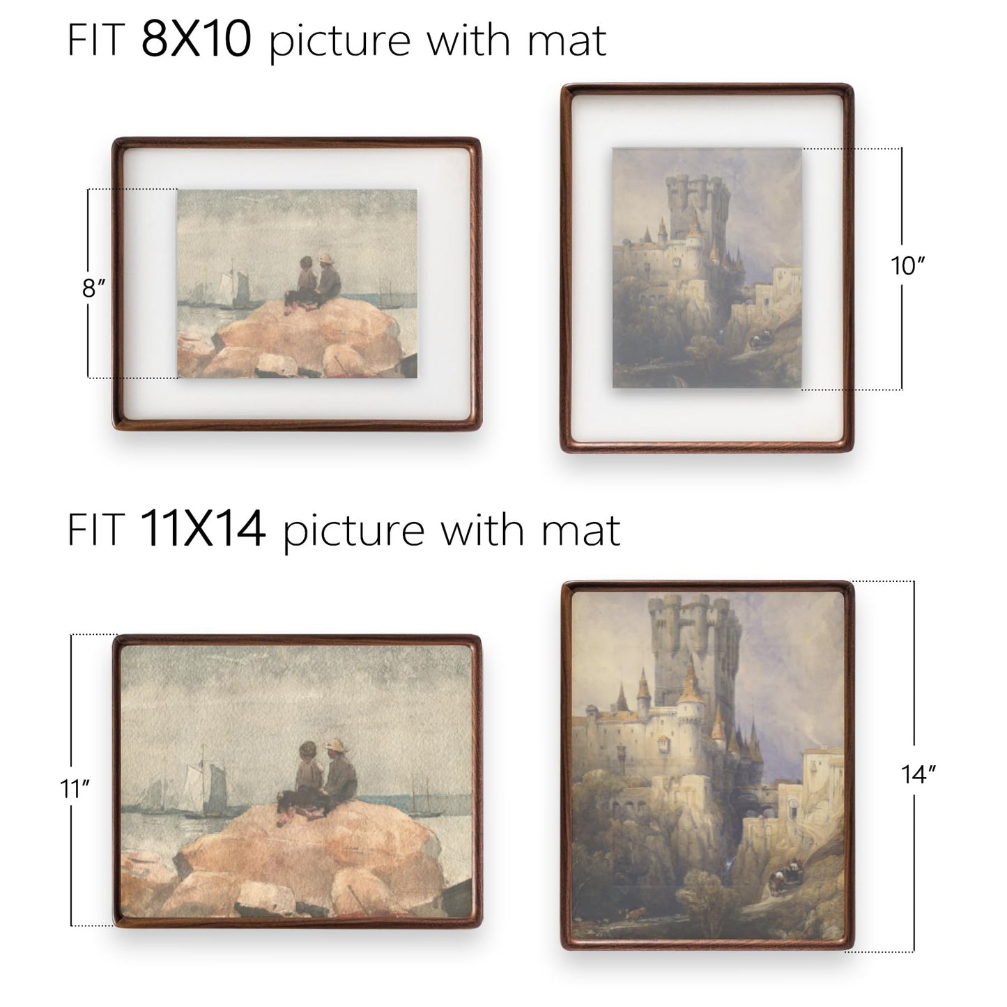 Husteria 11x14 Frame, Solid Walnut Wood Poster Frame with Mat for 8x10 or 11x14 without Mat, Rounded Corner Walnut Wooden Frame, Gallery Wall Frames for Art, Horizontal or Vertical Wall Mounting