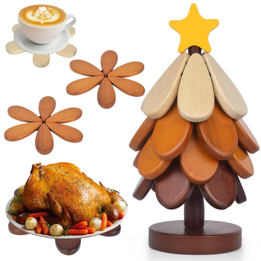 Wooden Tree Trivets for Hot Dishes,Tree Trivet Coasters Christmas Tree Shape Trivet Set of 4 for Hot Pot Pans, Wood Coasters Table Decor Coaster for Bowls Teapots Drinks Plates