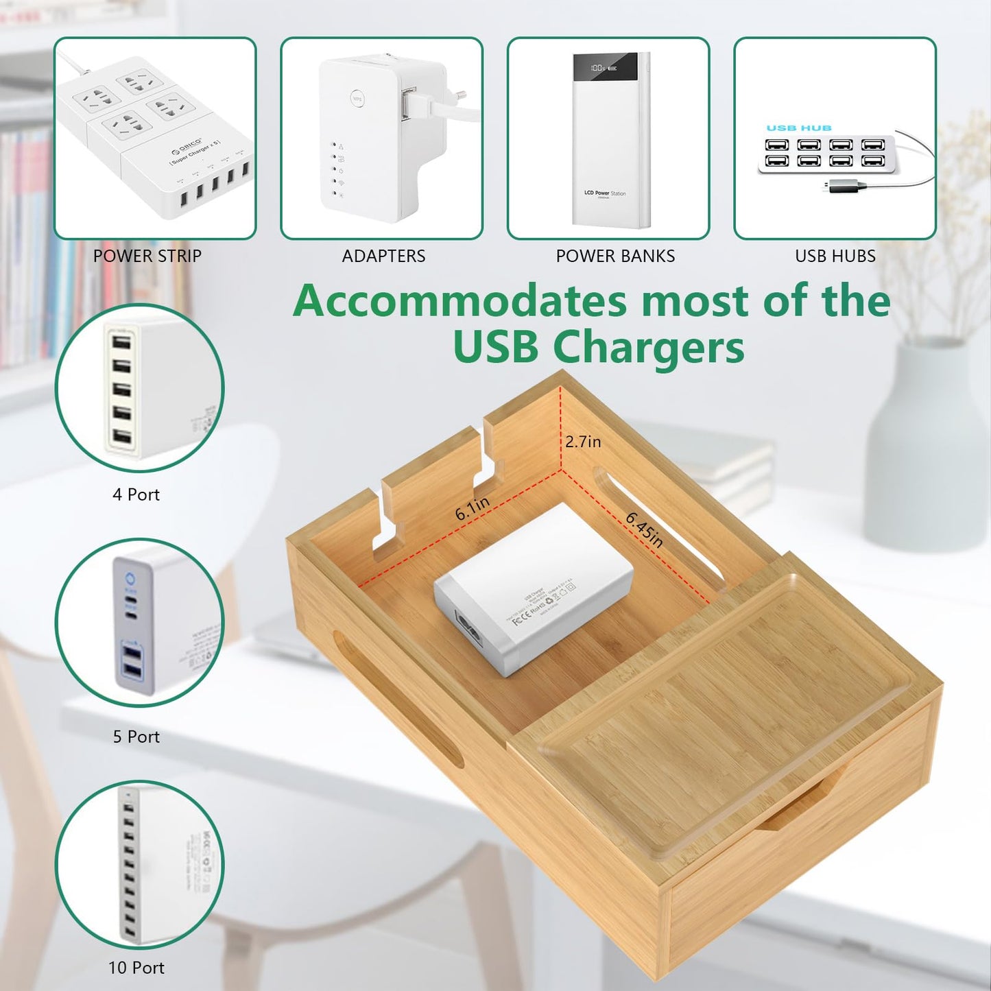 Bamboo Charging Station for Multiple Devices, Desktop Charger Organizer with Tray& Drawer, Wooden Docking Station for Smart Devices, Cell Phone, Tablet,Watch (Include 6 Cables, 5 Port USB Charger)