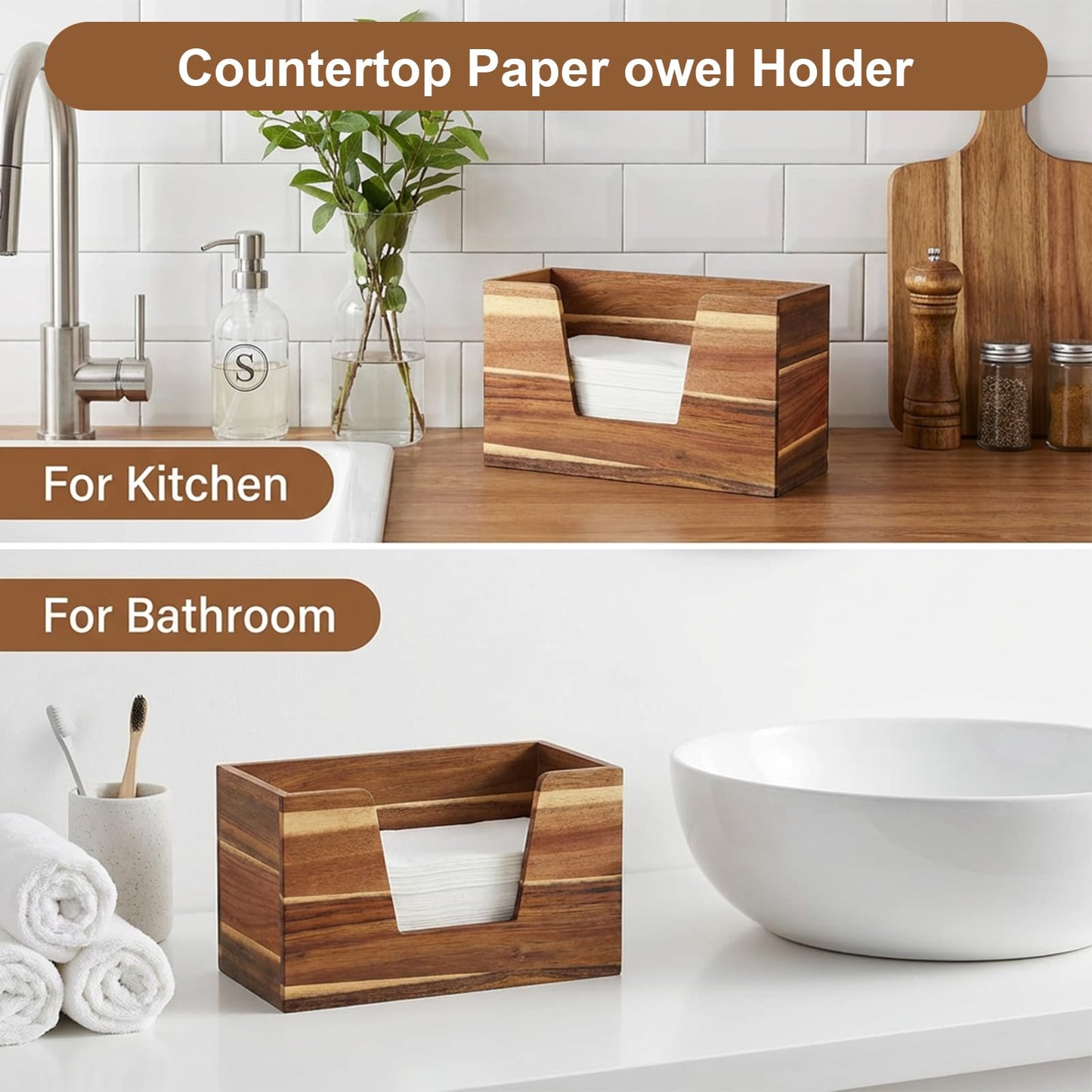 2 PCS Wood Paper Towel Dispenser Countertop, 11"L×4.5"W×6.6"H Large Napkin Holder Side Opening Paper Towel Holder for Bathroom Kitchen Napkins Holders for Table Country-Style Restaurants Decor
