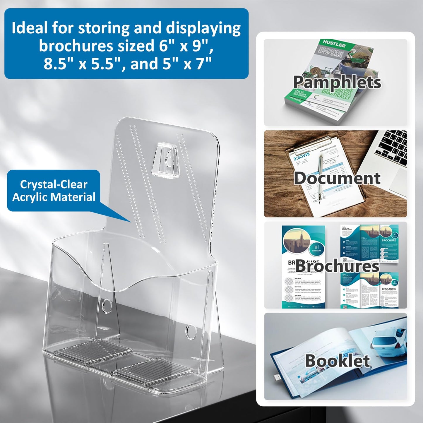 Argvey Acrylic Brochure Holder 6 x 8 Inch, Clear Slant Back Display Stand for 5.5 x 8.5 & 5 x 7 Inch Flyers, Pamphlets, Table Signs – Plastic Paper Holder for Office, Home, Store, 4 Pack