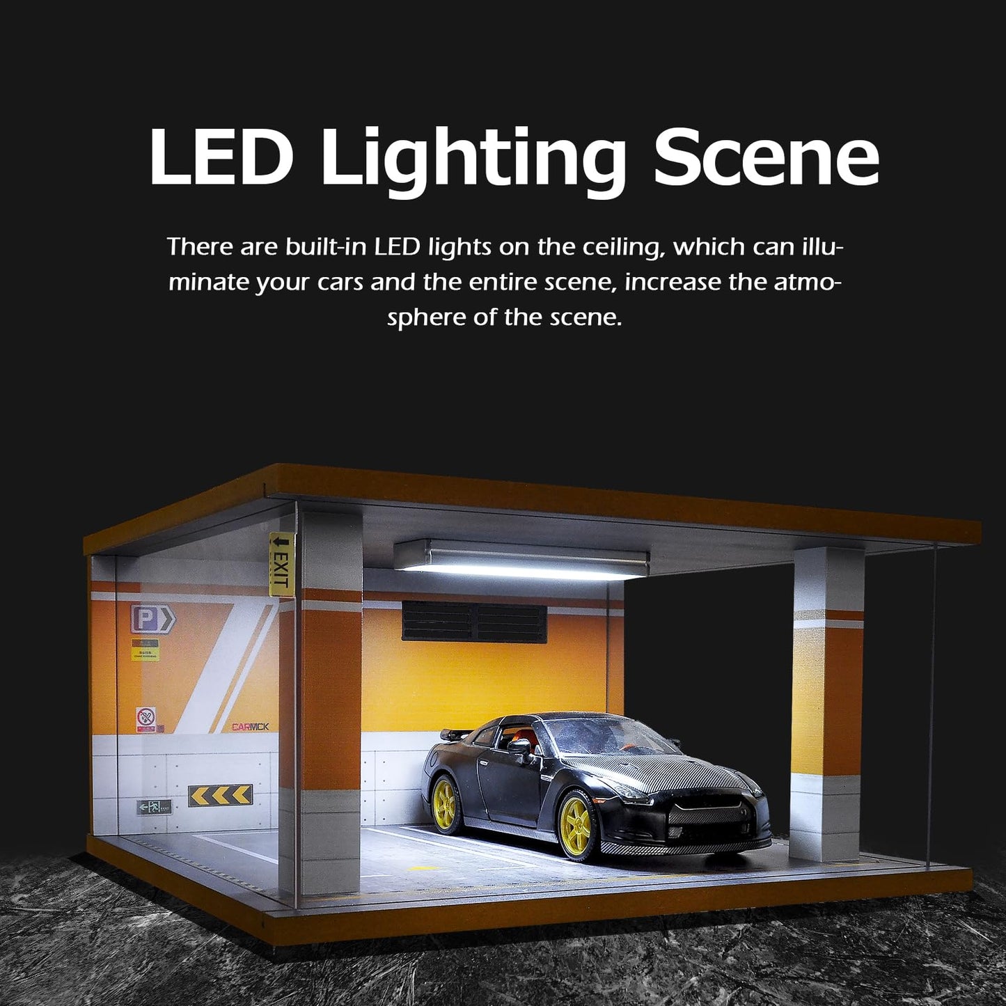 cxiiuui Display Case Car Acrylic Cover 1/24 Scale Parking Garage Wooden Diecast Car Show Case 2 Parking Spaces Yellow and White
