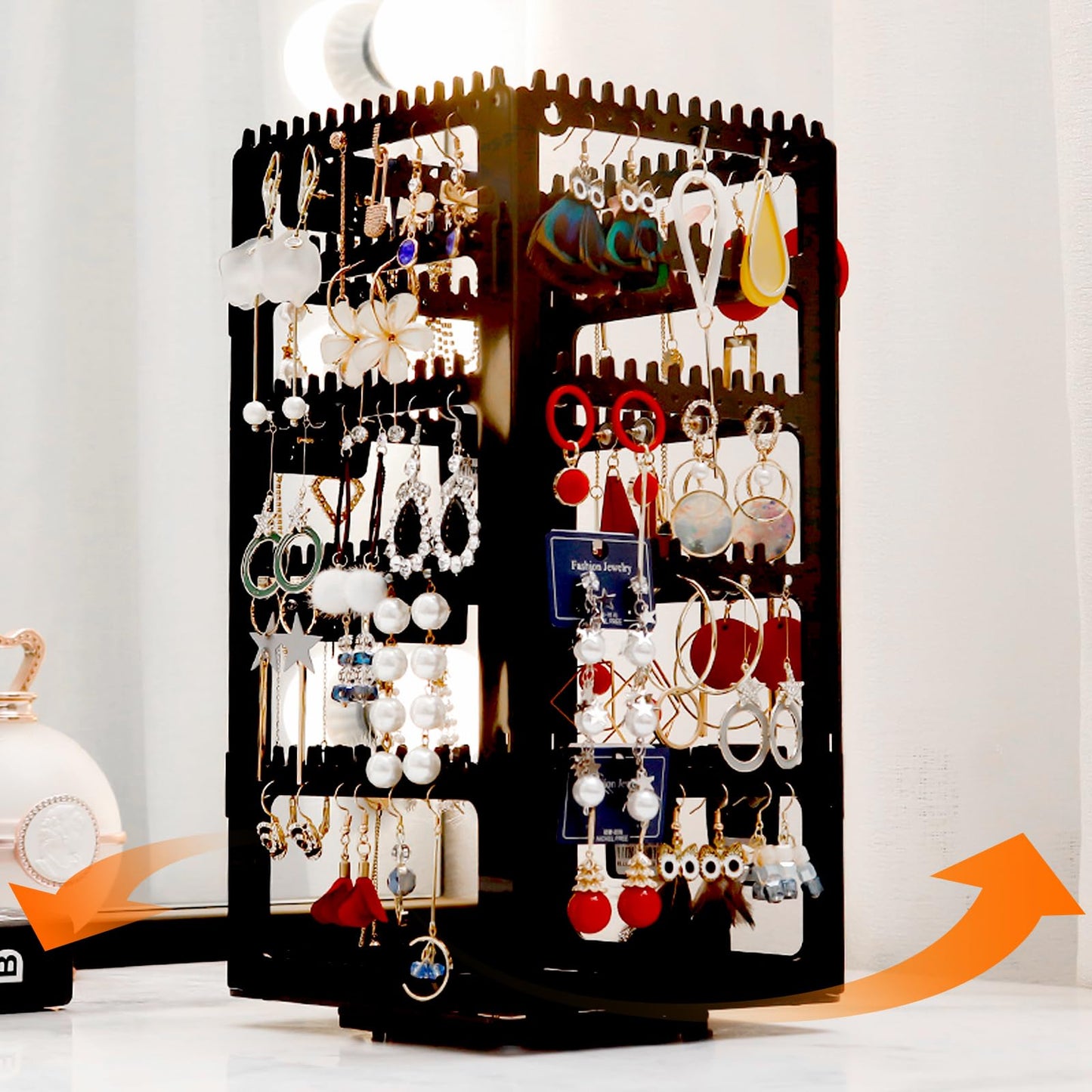 24Aug 360° Rotating Jewelry Organizer Stand with 5 Layers,Acrylic Earring Holder Organizer Stand,212 Holes and 212 Grooves for Studs,Dangly Earrings,Chains,Bracelets,Necklace