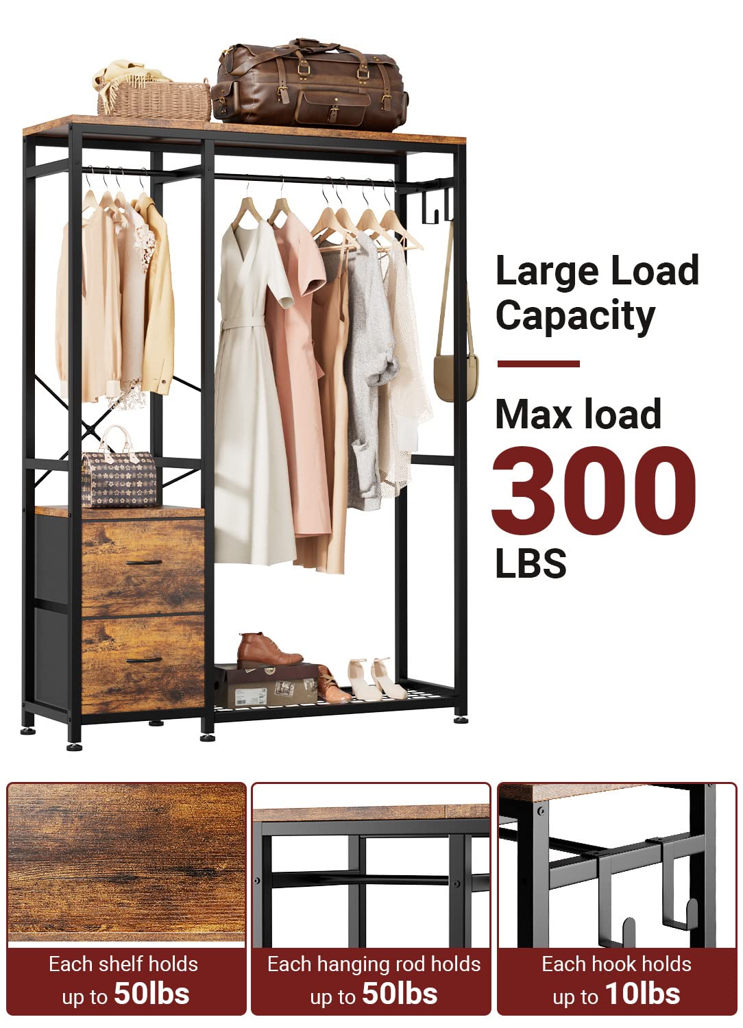 Lulive Clothes Rack with 2 Rods, Shelves, Drawers & Hooks, Garment Rack