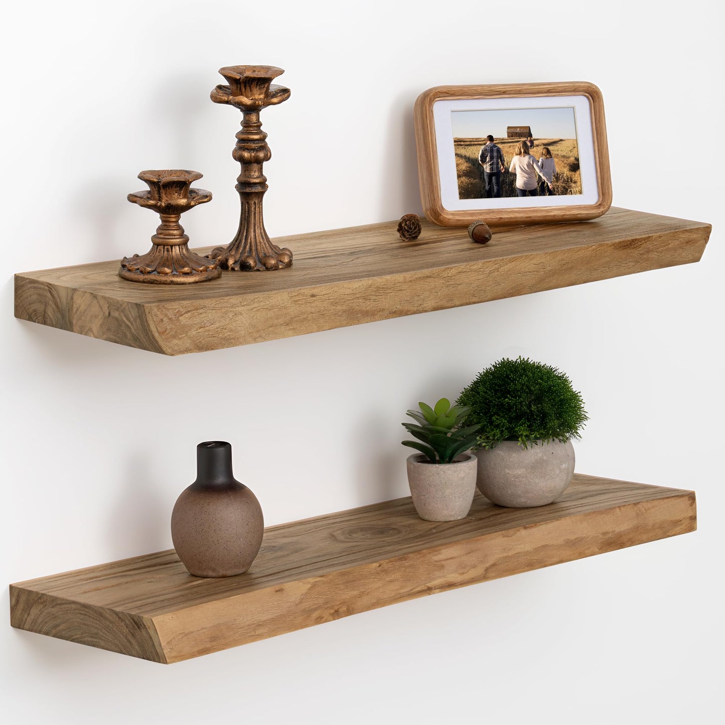 Axeman 24 inch Live Edge Floating Shelves for Wall, 8 Inch Deep Solid Locust Wood Wall Shelves - Rustic Wooden Shelves with Invisible Brackets for Living Room Bedroom Kitchen, Set of 2