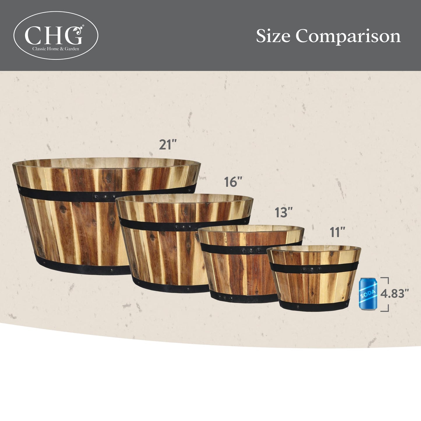 Classic Home and Garden by Growscape 5/800/3 Wood Barrel Set of 3 Planters, Acacia