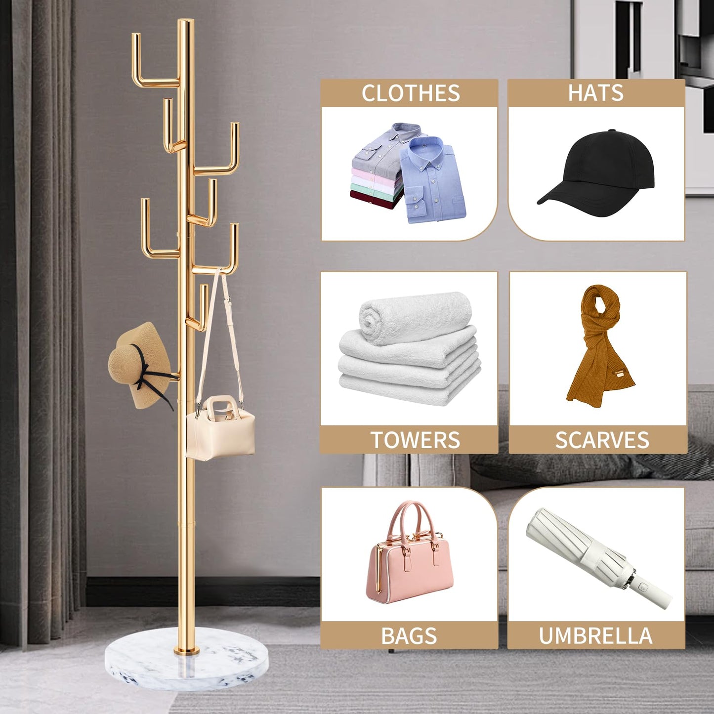 LOZABEE Modern Metal Coat Rack Stand with Natural Marble Base, Heavy Duty Coat Rack Freestanding with 8 Hooks, Golden Cactus Standing Coat Racks for Bag, Jacket, Entryway Office (Golden Cactus)