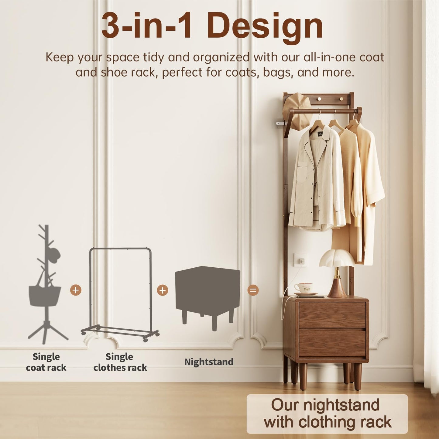 Solid Wood Coat Rack Freestanding,Standing Coat Rack with 2 drawers,Clothing Racks for Hanging Clothes,Narrow Hall Tree with Storage,Walnut Nightstand with 6 Coat Hooks for Bedroom Entryway Corner
