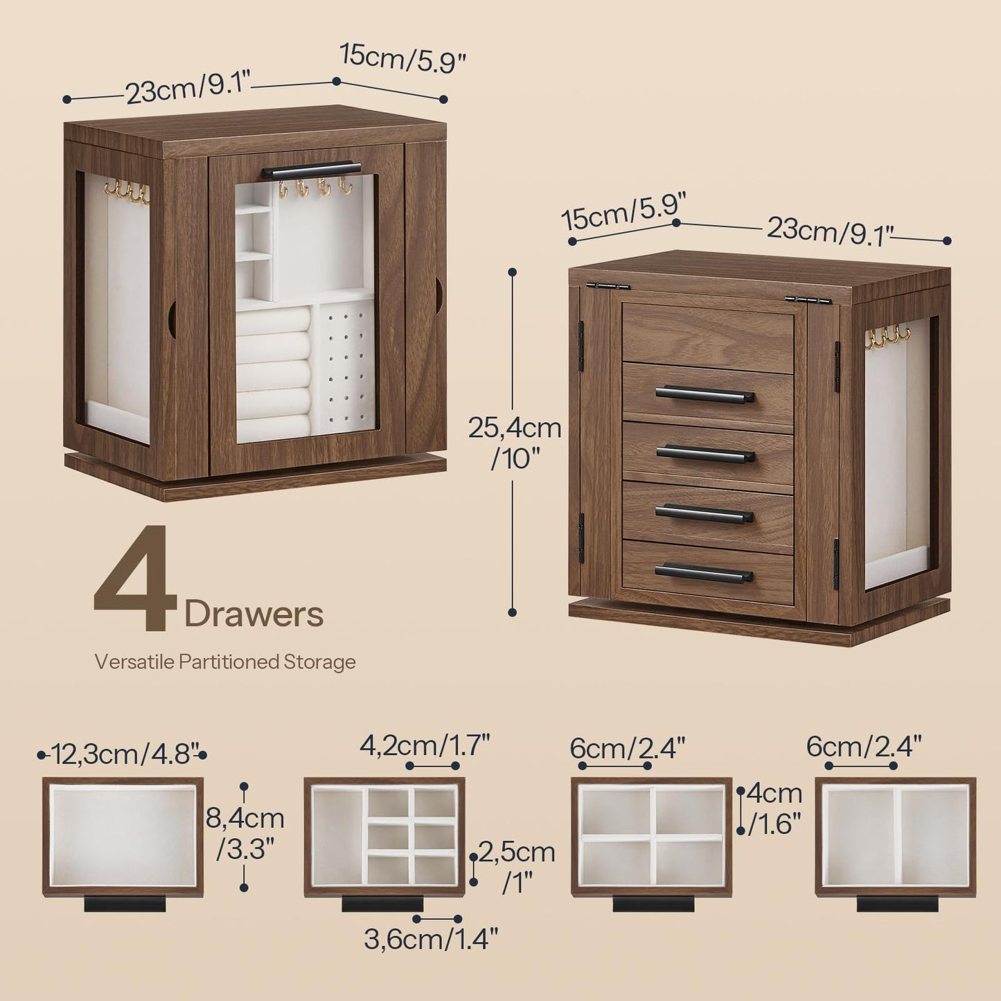 HOOBRO Jewelry Box for Women, Jewelry Organizer Box, 6-Tier Wooden Jewelry Box and 360° Rotating Jewelry Box with Mirror, Jewelry Organizer with 4 Drawers Bundle, BH12JB04-BH31JB04