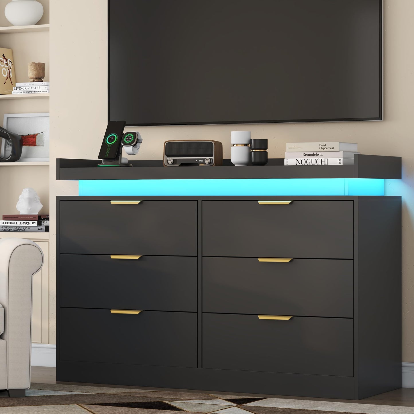 UNIQUITE 6 Drawer Dresser for Bedroom, Black Dresser with LED Lights and Power Outlet, Wooden Dressers Chests of Drawers, Double Wide Dressers for Bedroom, Entryway, Hallway
