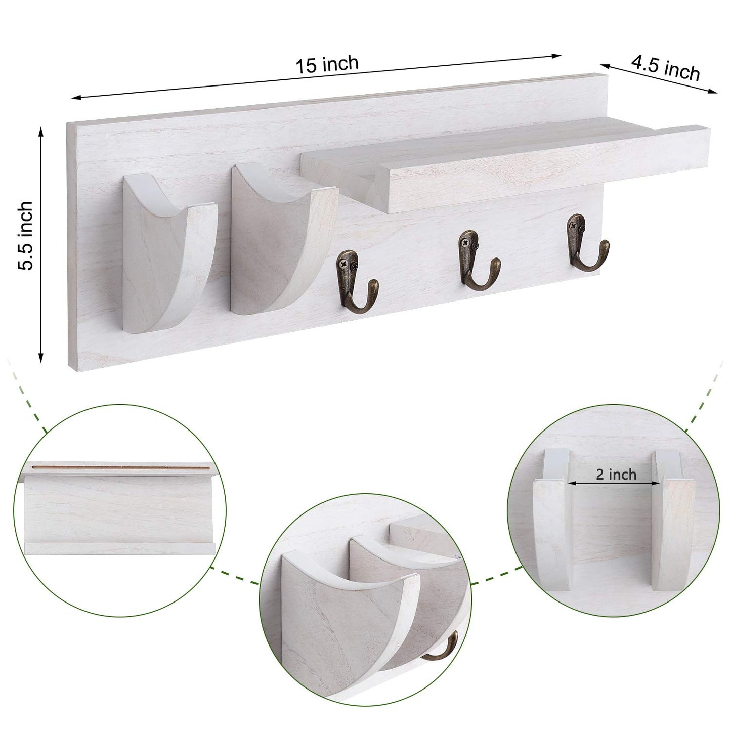 Bikoney Guitar Wall Mount Hanger with Shelf, Guitar Holder Wall with Pick Holder and 3 Hooks, Guitar Stand Wall for Acoustic, Electric, Bass, Ukulele, Vintagte White [U.S. Patent]