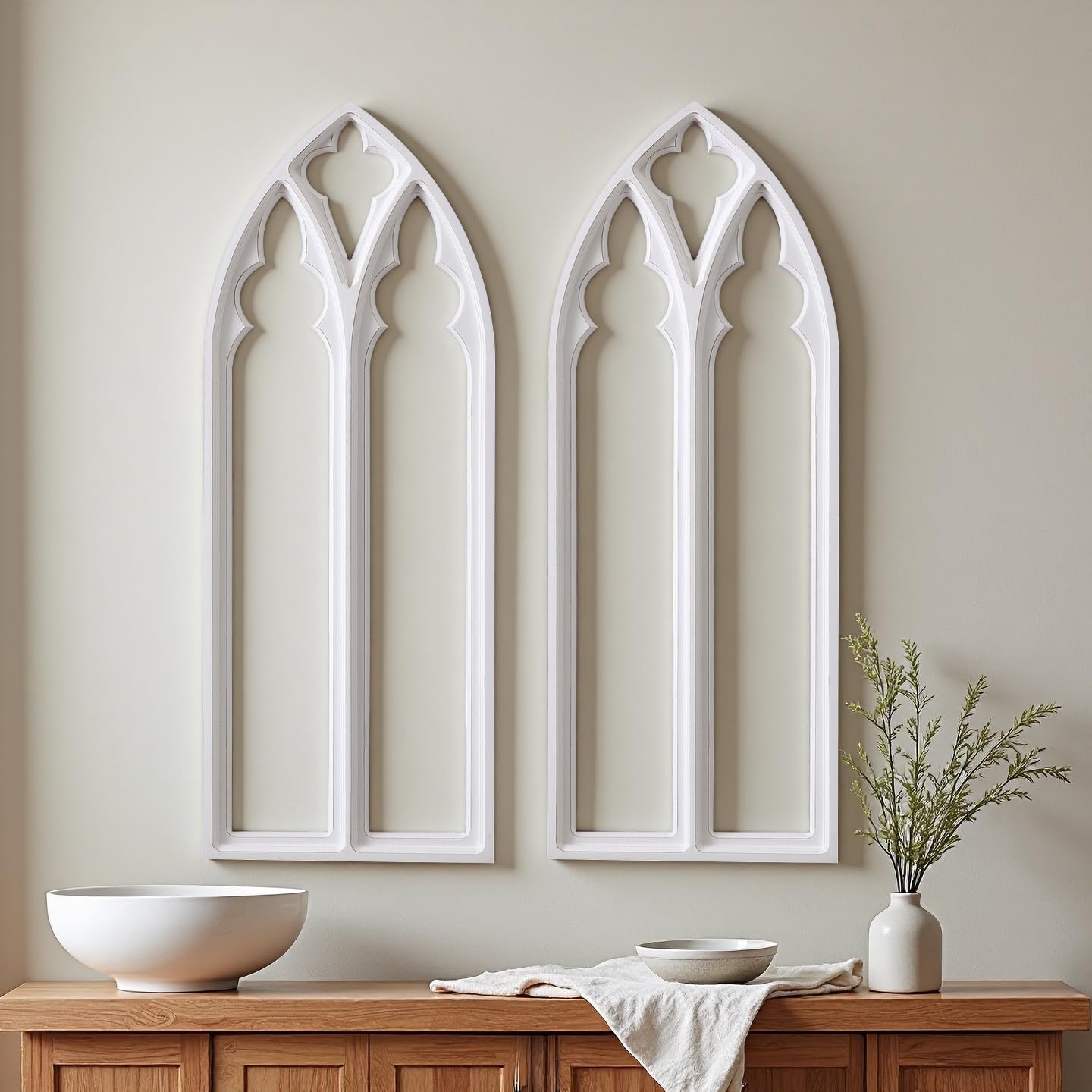 Sintosin Rustic Arched Window Frame Wall Decor 40 X 16 Inch, Hanging Distressed White Wooden Cathedral Farmhouse Faux Window Wall Art for Home Decor Living Room Bedroom Kitchen Hallway