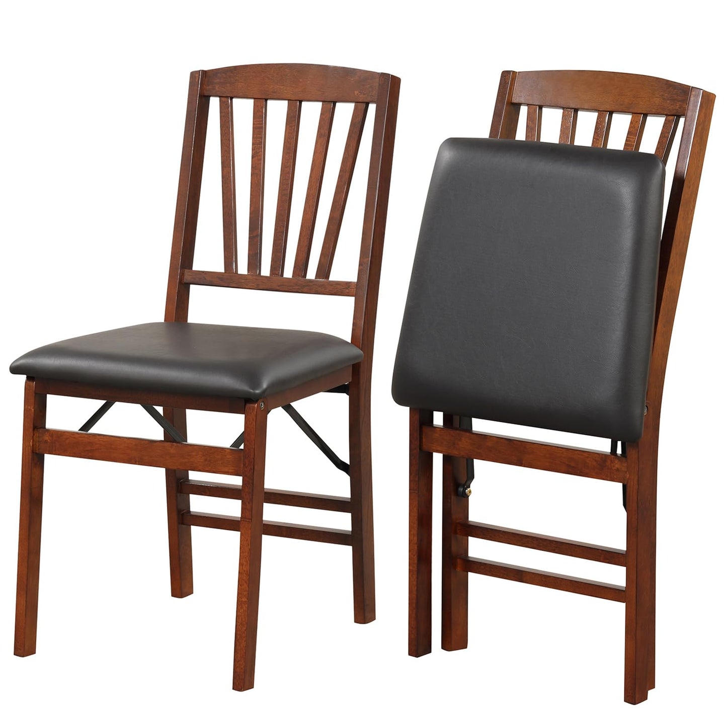COSTWAY Folding Dining Chairs Set of 2, Upholstered Wooden Dining Room Chairs with PVC Padded Seat, Solid Wood Frame and 400LBS Capacity for Kitchen Apartment (Black & Brown)