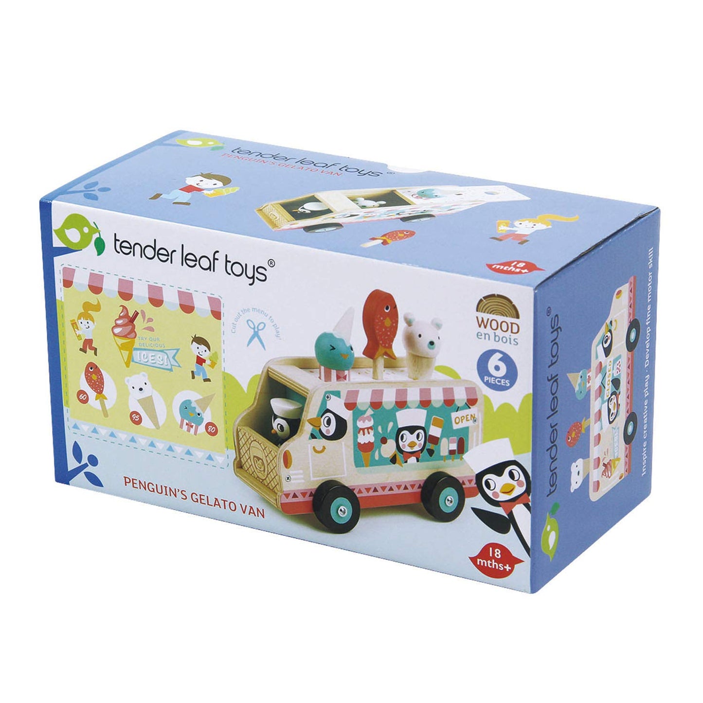 Tender Leaf Toys - Penguin’s Gelato Van - Food Truck Style Pretend Food Play Ice Cream Wooden Vehicle - Encourage Role Play and Develops Social Skills for Children 18m+