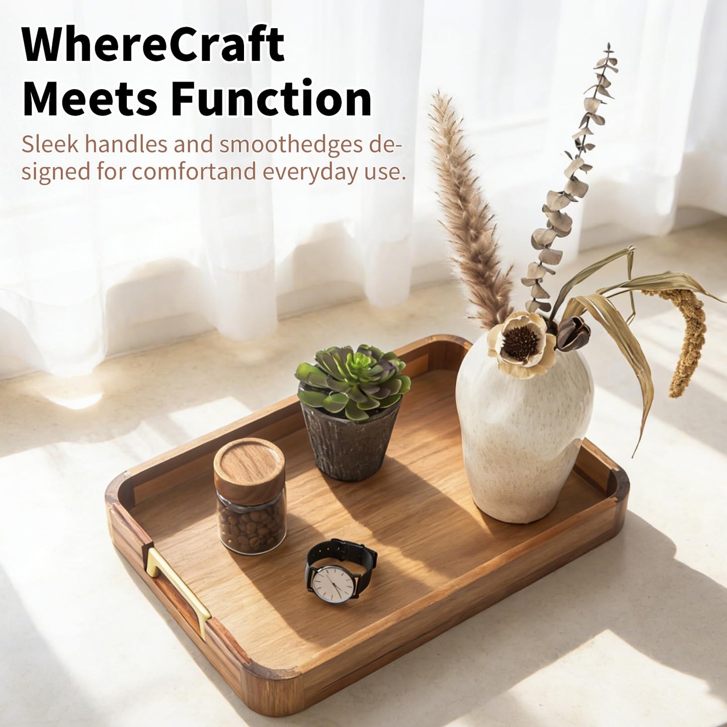 Wooden Serving Tray with Handle 16.7″ Acacia Wooden Tray for Ottoman Rectangle Ottoman Table Tray Serving Tray for Ottoman Decorative Tray for Dinner Breakfast Entertaining Guests