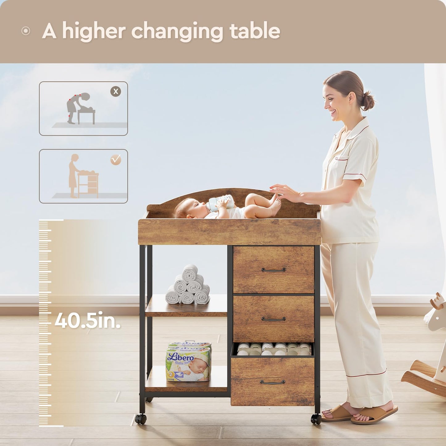 YeTom Changing Table Dresser, Baby Dresser with 3 Fabric Drawers and 2 Shelves, Multi-Functional Baby Changing Table with Pad, Classic Nursery Dresser, Diaper Changing Station, Rustic Brown