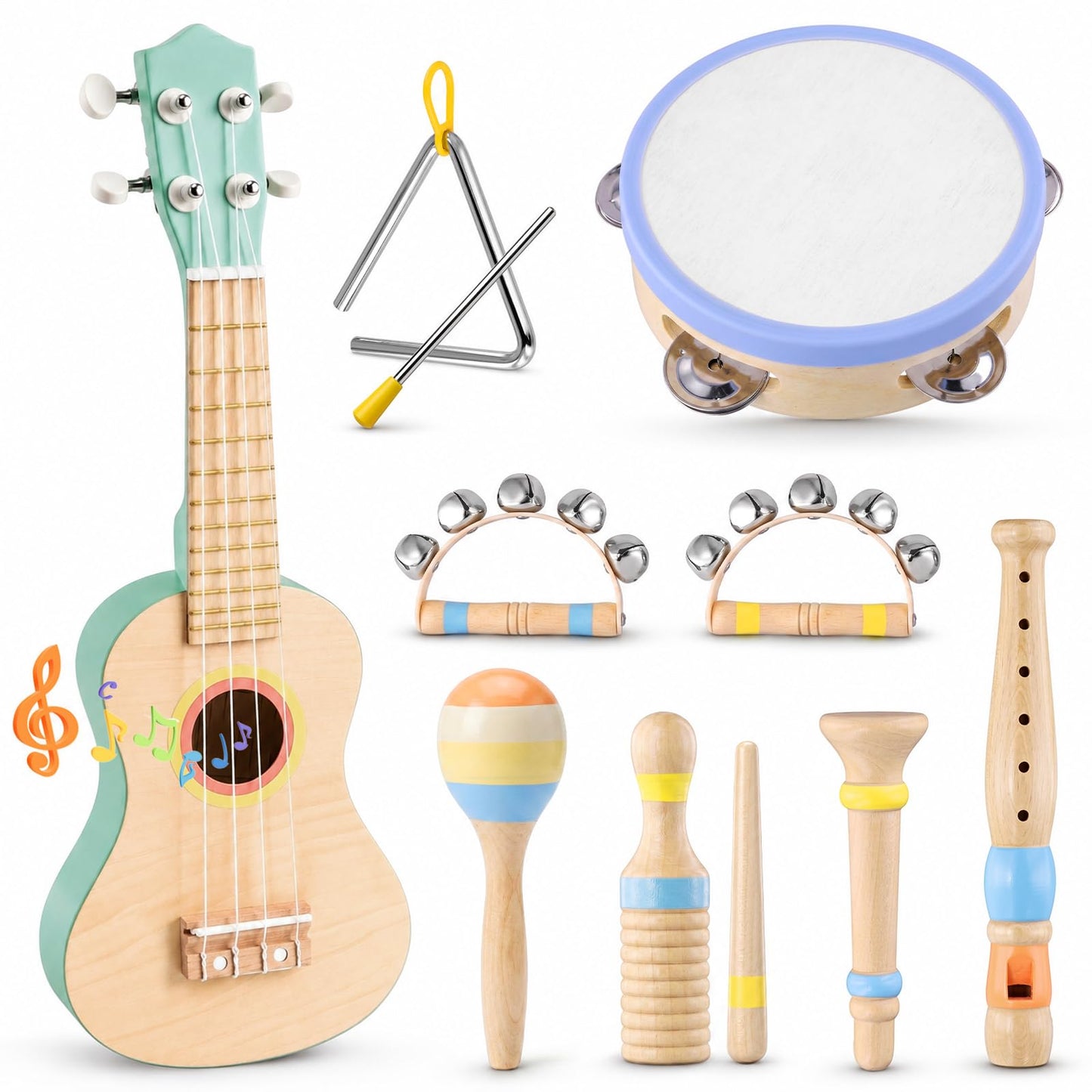Kids Guitar Set for Toddlers 1-3, 8 in 1 Wooden Montessori Musical Instruments Set with Ukulele, Tambourine, Maracas, Flute, Educational Music Toys, Preschool Learning Toy Gift for Boys Girls