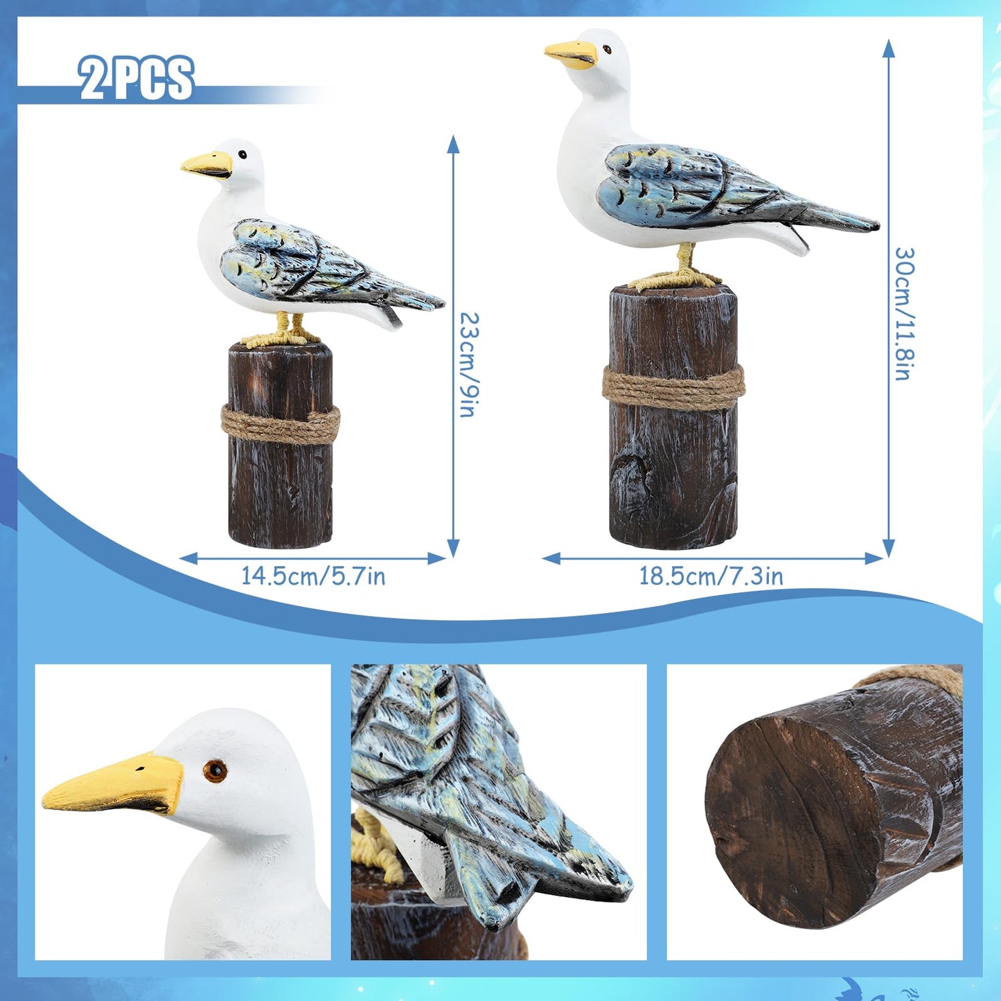 Meching 2Pcs Wooden Seagull Figurine on Piling Mediterranean Style Sea Bird Statue Craft Standing Seagull Decorations for Home Indoor Decor Living Room Kitchen Beach Party Bedroom Office Accessories