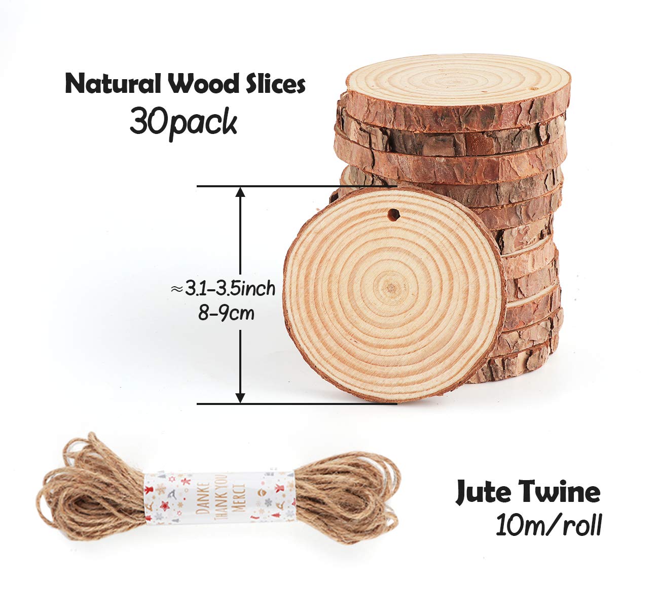 ilauke Natural Wood Slices 30Pcs 3.1''-3.5'' Unfinished Wood Crafts with Pre-drilled Hole, Wood Slices Ornaments for DIY Rustic Christmas Crafts Wooden Circles Coasters Wedding Decor, 33 Feet Twine