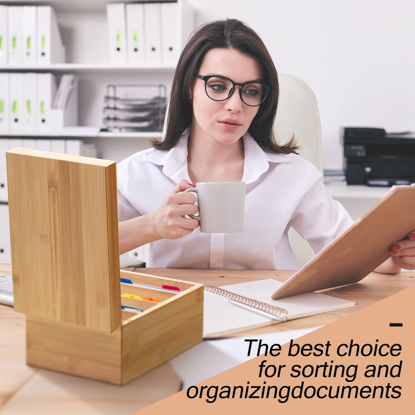 Henoyso 4 x 6 Inch Index Card Holder Set, Bamboo Organizer Box with 50 Dividers & 2 Sheets Alphabet Number Stickers File Note Holders, Holds 1200 Cards for Office Business Home Kitchen, Wooden Color