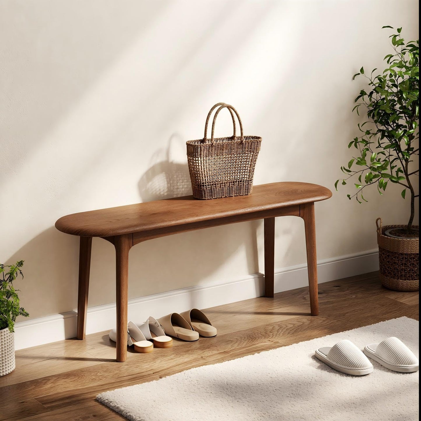 DONGMUWUEJEE 100% Solid Wood Dining Bench, Dining Table Bench for End of Bed with Rounded Corners, Entryway Benches for Outdoor, Bedroom and Plant Stand (Walnut, 39.4" D x 11.8" W x 19.7" H)