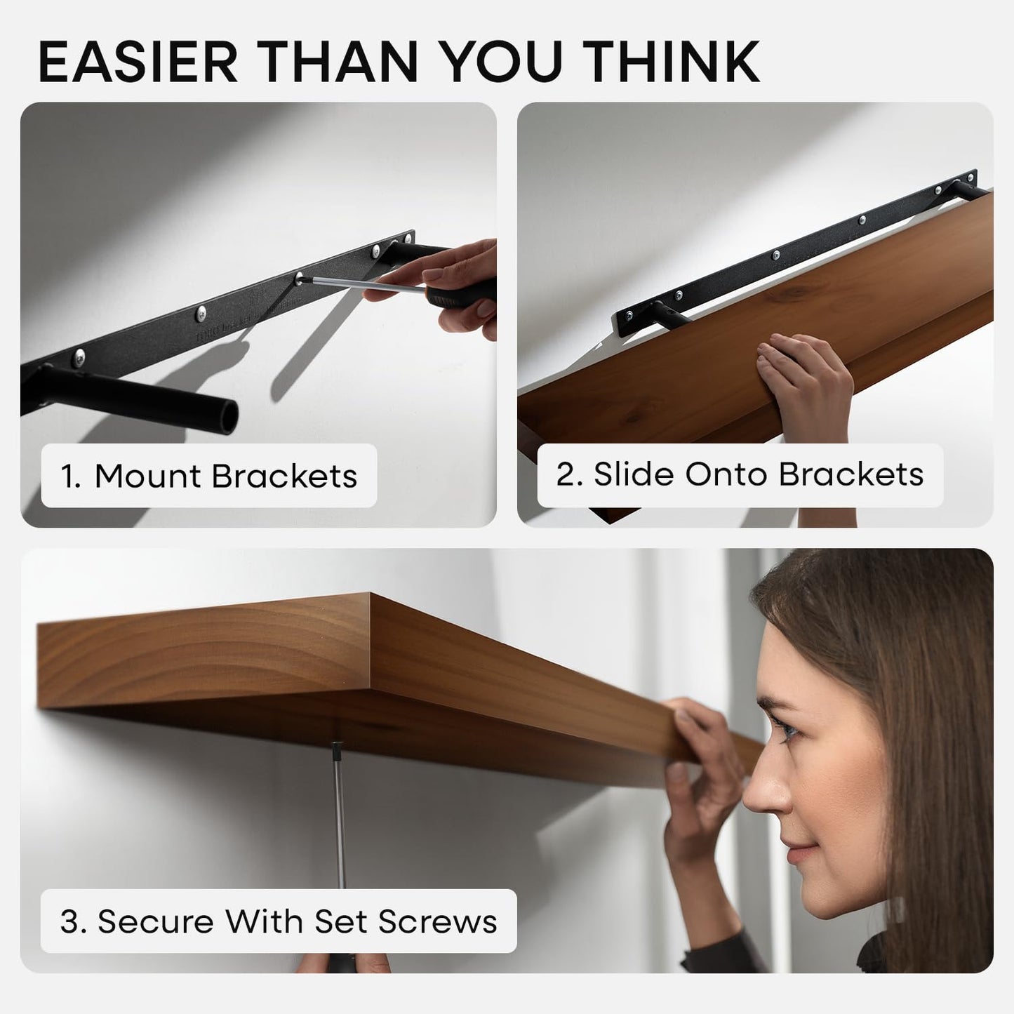 Homeforia 30inch Walnut Floating Shelves for Wall Mounted, High End Solid Real Wood 30 in Floating Shelf, Dark Brown Wooden 30 inch Long Floating Shelves, Heavy Duty Bracket, 30 X 6.5 X 1.75, Set of 2