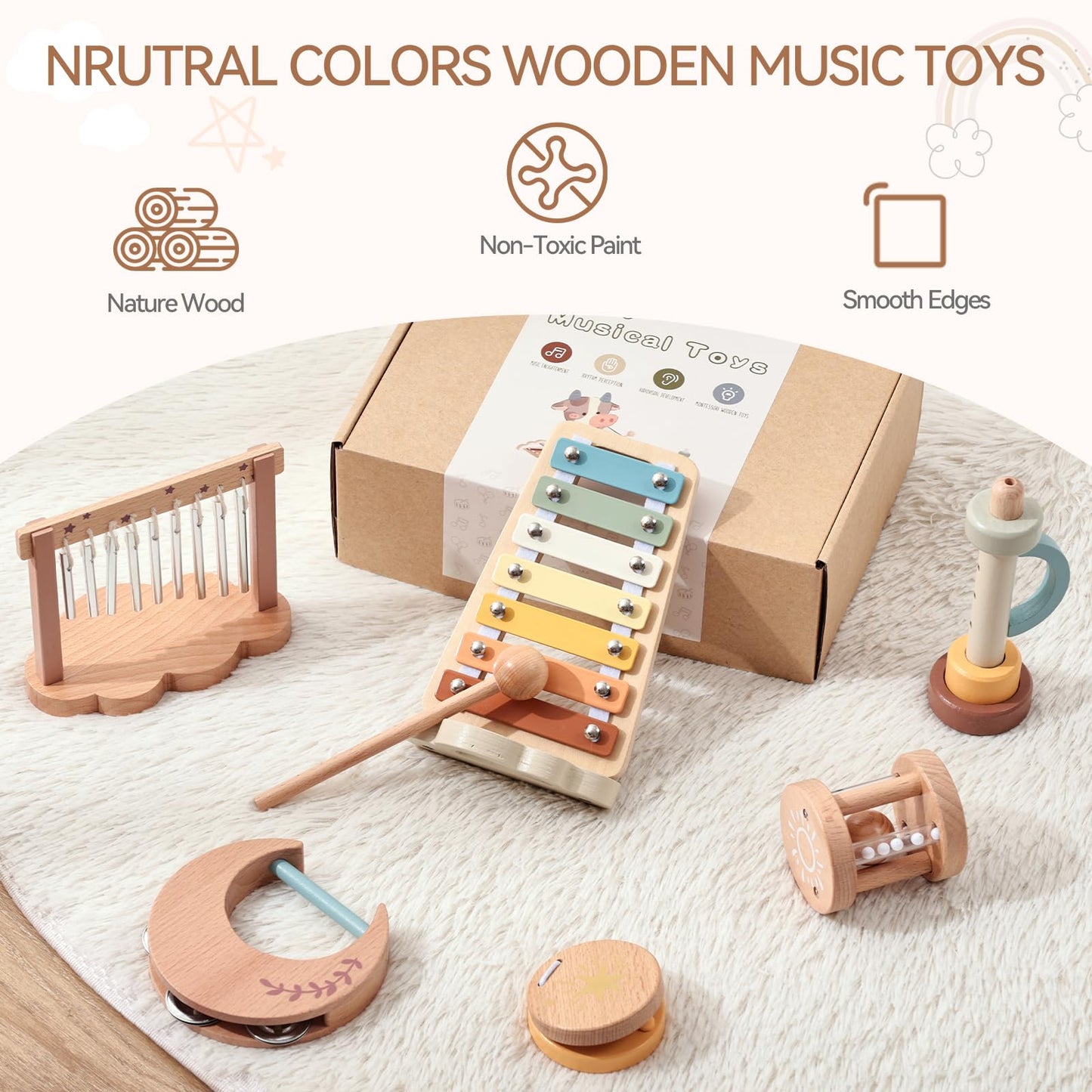 Promise Babe Wooden Xylophone Musical Instrument Sets Toy for Kids, Rattle Bell Montessori Cloud Toddler Music Percussion Toys, Christmas Birthday Gifts for Boys Girls 3 Year+