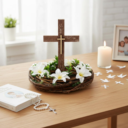 Kathfly First Holy Communion Cross Table Decor with Flower Wreath Standing Wooden Cross First Communion Religious Tabletop Signs Christian Baptism Centerpieces for Easter Rustic Farmhouse Decor Gift