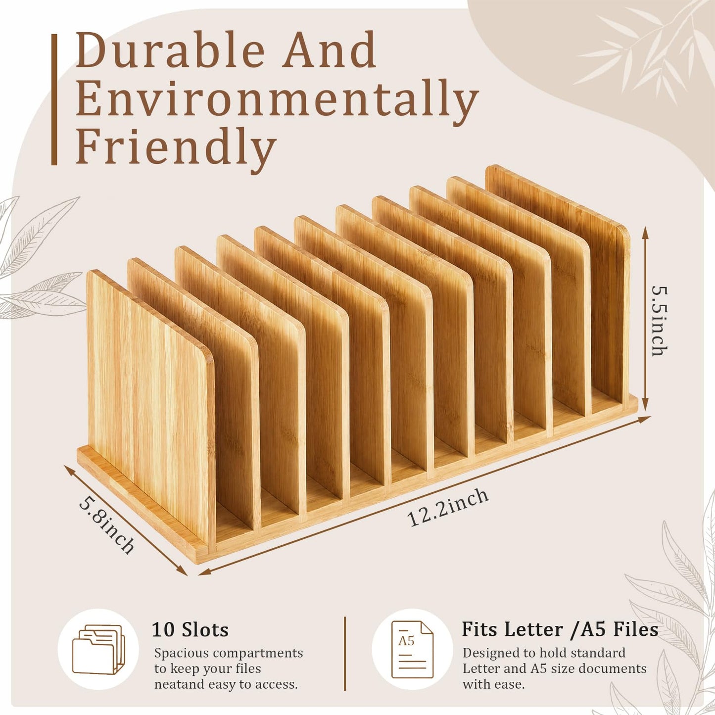 Suzile Bamboo File Organizer for Desk, 10 Slot Vertical File Sorter, Desktop Mail Holder, Wooden Office Desk Organizer Countertop Paper Holders for Documents, Letters