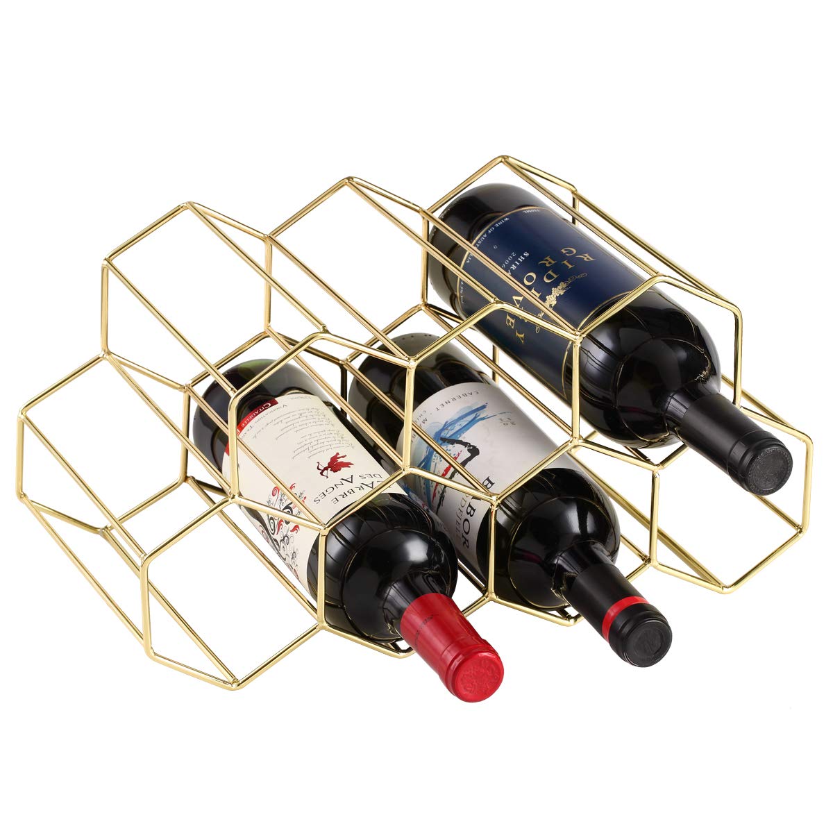 Buruis 9-Bottle Countertop Wine Rack, Honeycomb Metal Wine Holder for Red & White Wines, Standing Bottle Organizer for Home, Kitchen, or Bar, Gold