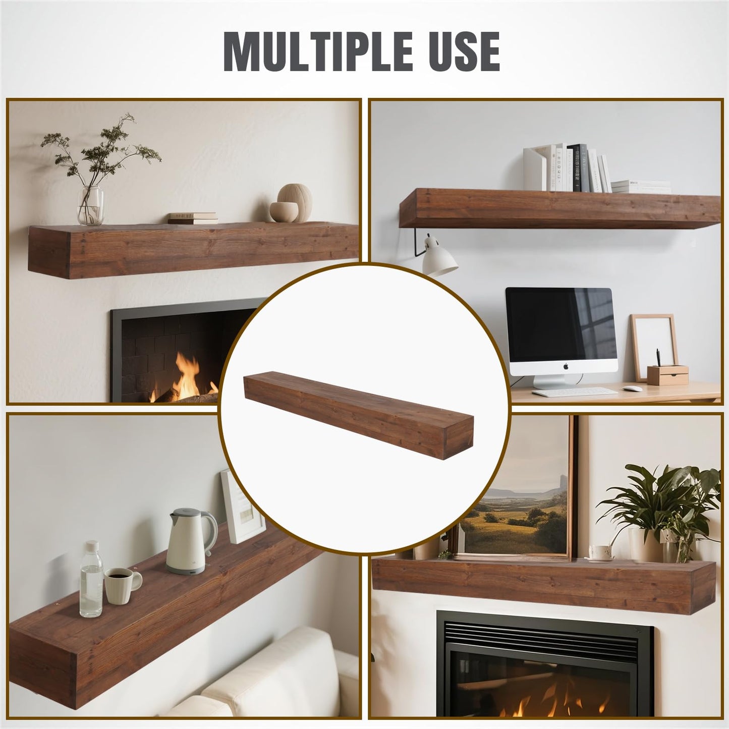 GoCampDirect Fireplace Mantle Shelf - 54×8×5Inch Handcrafted Wall Floating Mantel Shelf for Over Fireplace - Rustic Traditional Wooden Fireplace Mantels with Invisible Heavy Duty Wood Bracket