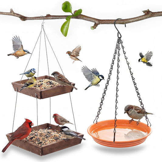 Ferrochef 2 Tier Large Platform Cedar Bird Feeders with Round Hanging Birds Watering Tray, Bird Bath, Wooden Mesh Seed Tray Platform for Outdoors Garden Decor, for Cardinal Blue Jay