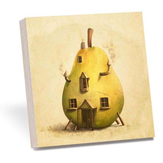 Whimsical Pear House Wooden Block Sign, Fantasy Art Wood Decor, Storybook Style Shelf Sitter, Home Table Mantel Tiered Tray Accent Gift for Living Room Office