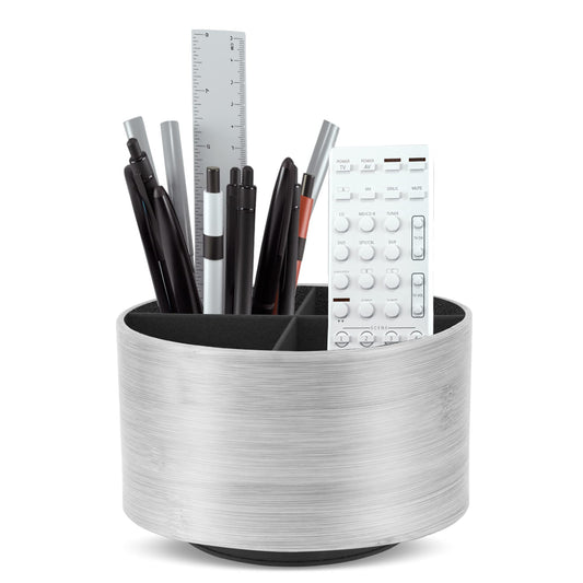 Hennaja Round Leather Art Supply Organizer,Remote Control Holder,360 Degree Spinning,Multi-Functional Pencil Holder,4 Compartments Desktop Stationary Organizer(1-Light Grey2)
