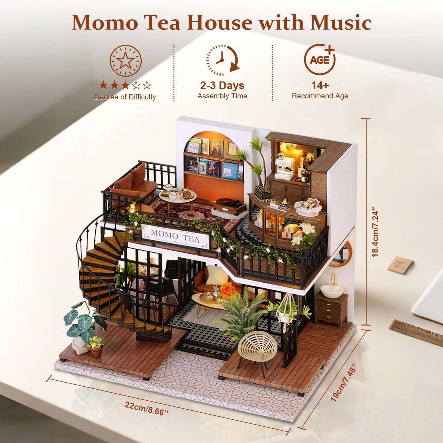 Hallisun DIY Miniature House Building Kits, Twilight Book City and Momo Tea House 3D Wooden Dollhouse Toys, Birthday Festival Gift for Teens Adults with Dustproof Covers