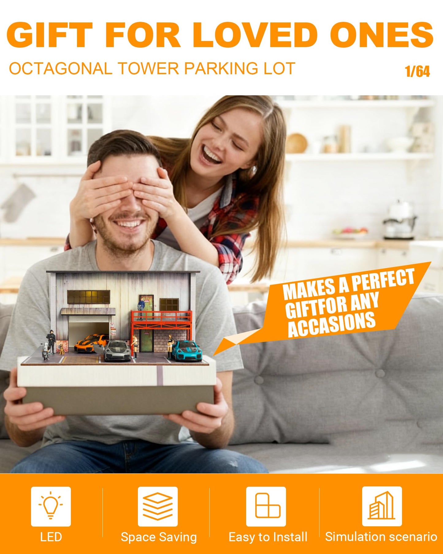 1/64 Scale Diecast Display Case, Wooden American Style Toy Car Garage Model with LED Light, 4-Parking Spaces Diorama Showcase for Hot Wheels and Matchbox Cars Storage