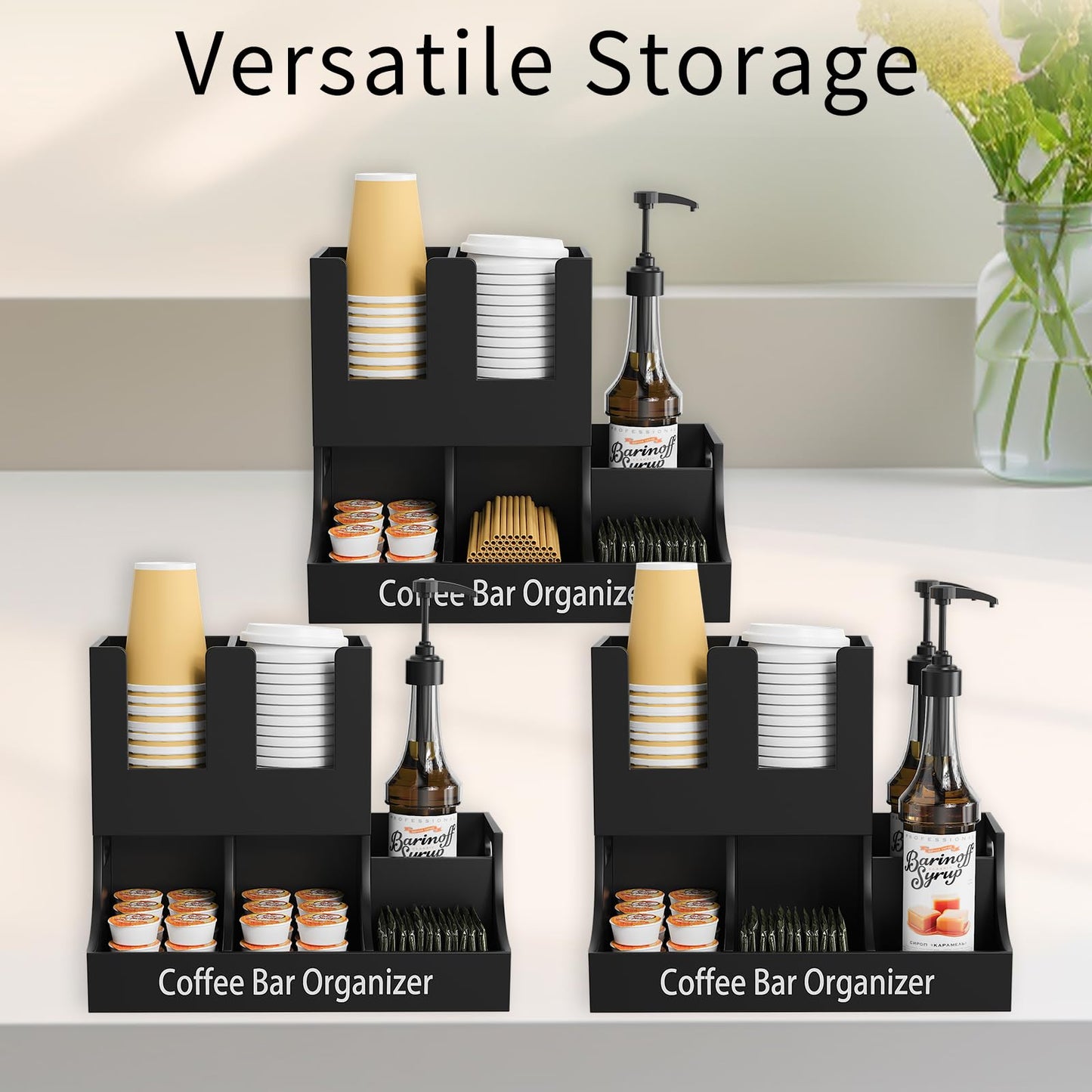 Busidhji Coffee Station Organizer, Wooden Coffee Bar Organizer for Countertop, Condiment and Cup Storage Organizer, Bar Accessories for Kitchen, Office, Home, Small Black